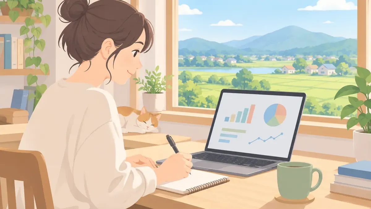 自宅でデータ分析の勉強を始める場面