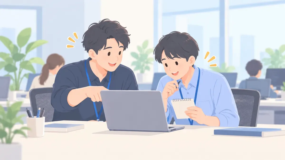 先輩に質問して遅れを取り戻そうとする新人の場面